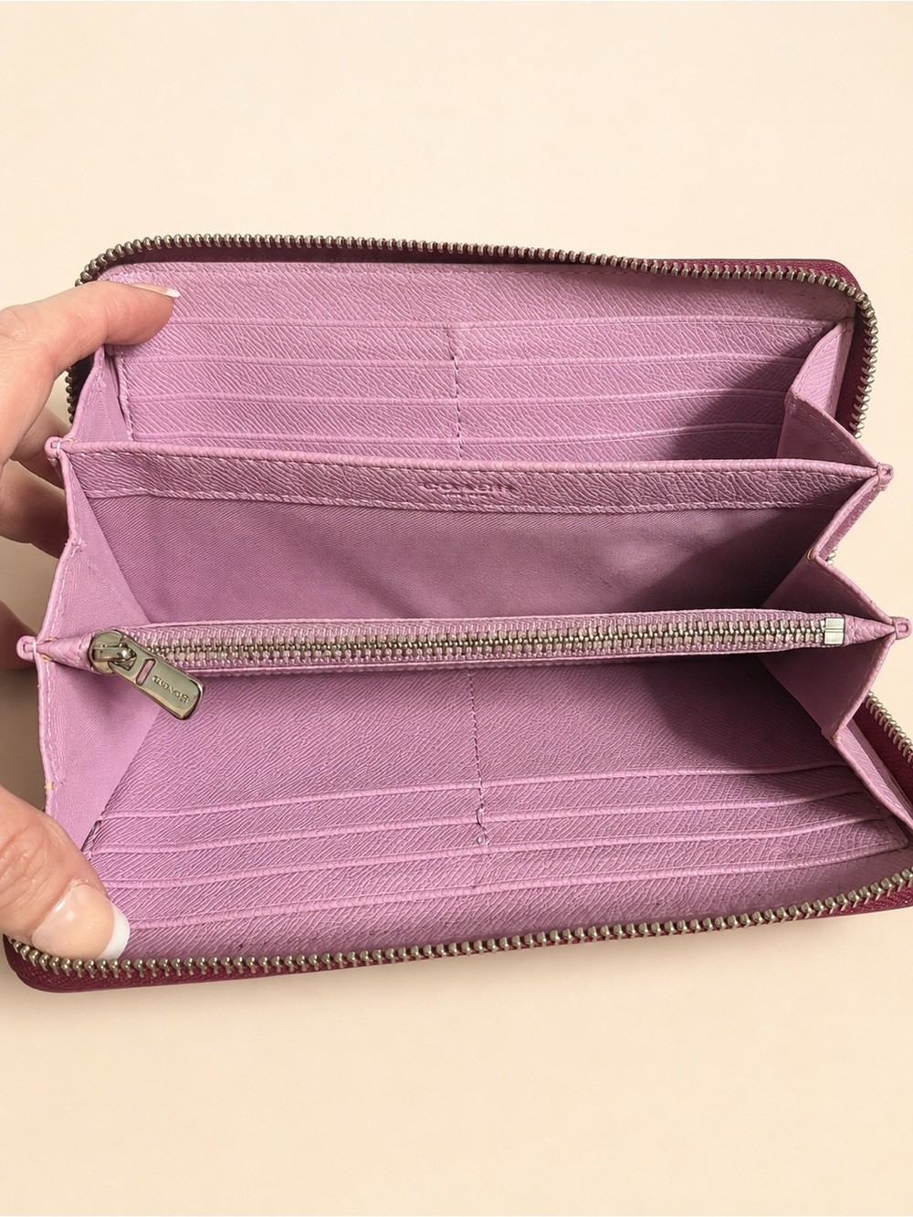 Coach Accordion Zip Wallet Colorblock Crossgrain Leather Burgundy Pink - Picture 6 of 6